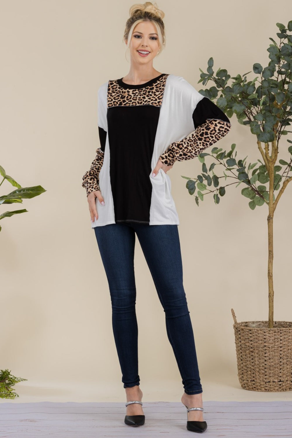 Blue Zone Planet | Celeste Full Size Leopard Color Block Exposed Seam T-Shirt-TOPS / DRESSES-[Adult]-[Female]-2022 Online Blue Zone Planet