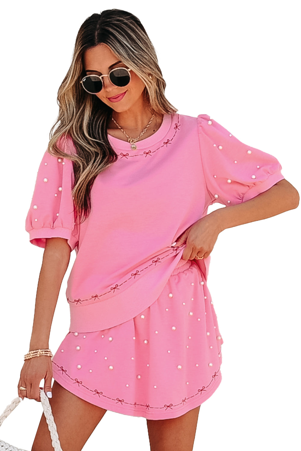 Pink Contrast Bow Trim Pearl Puff Sleeve Blouse and Skort 2pcs Set-Two Piece Sets/Short Sets-[Adult]-[Female]-2022 Online Blue Zone Planet