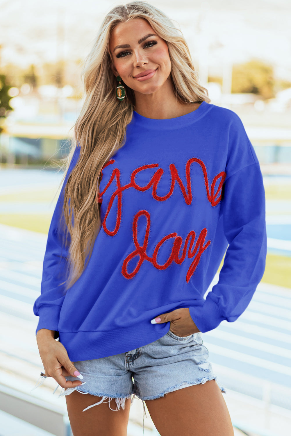 Dark Blue Tinsel Game Day Drop Shoulder Graphic Sweatshirt-Tops/Sweatshirts & Hoodies-[Adult]-[Female]-2022 Online Blue Zone Planet