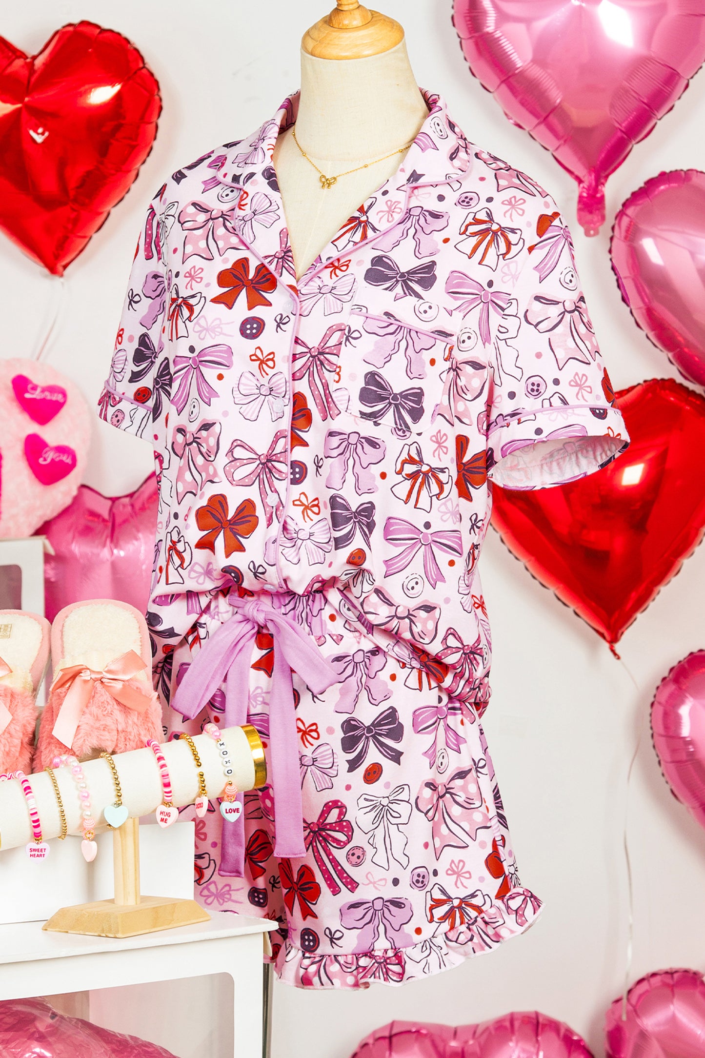 Pink Cute Ribbon Bows Printed Shirt Style 2pcs Short Pajama Set-Loungewear & Sleepwear/Loungewear-[Adult]-[Female]-2022 Online Blue Zone Planet