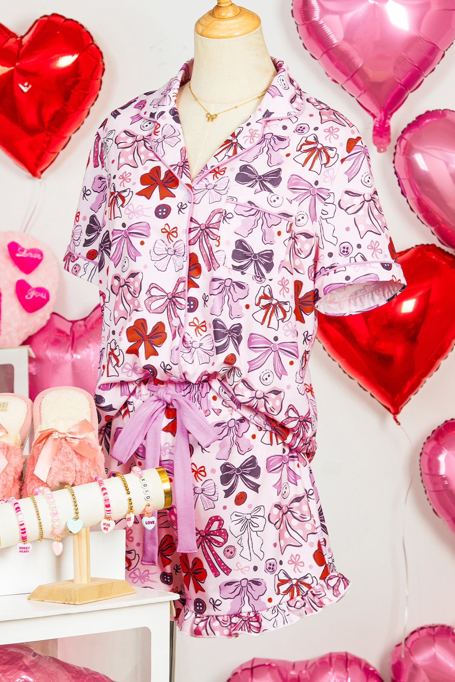 Pink Cute Ribbon Bows Printed Shirt Style 2pcs Short Pajama Set-Loungewear & Sleepwear/Loungewear-[Adult]-[Female]-2022 Online Blue Zone Planet