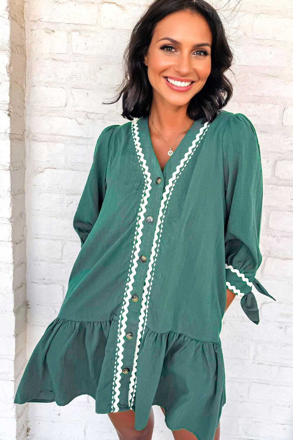 Canton Contrast Ricrac Trim Button V Neck Knotted Bracelet Sleeve Shift Dress-Bracelet-[Adult]-[Female]-2022 Online Blue Zone Planet
