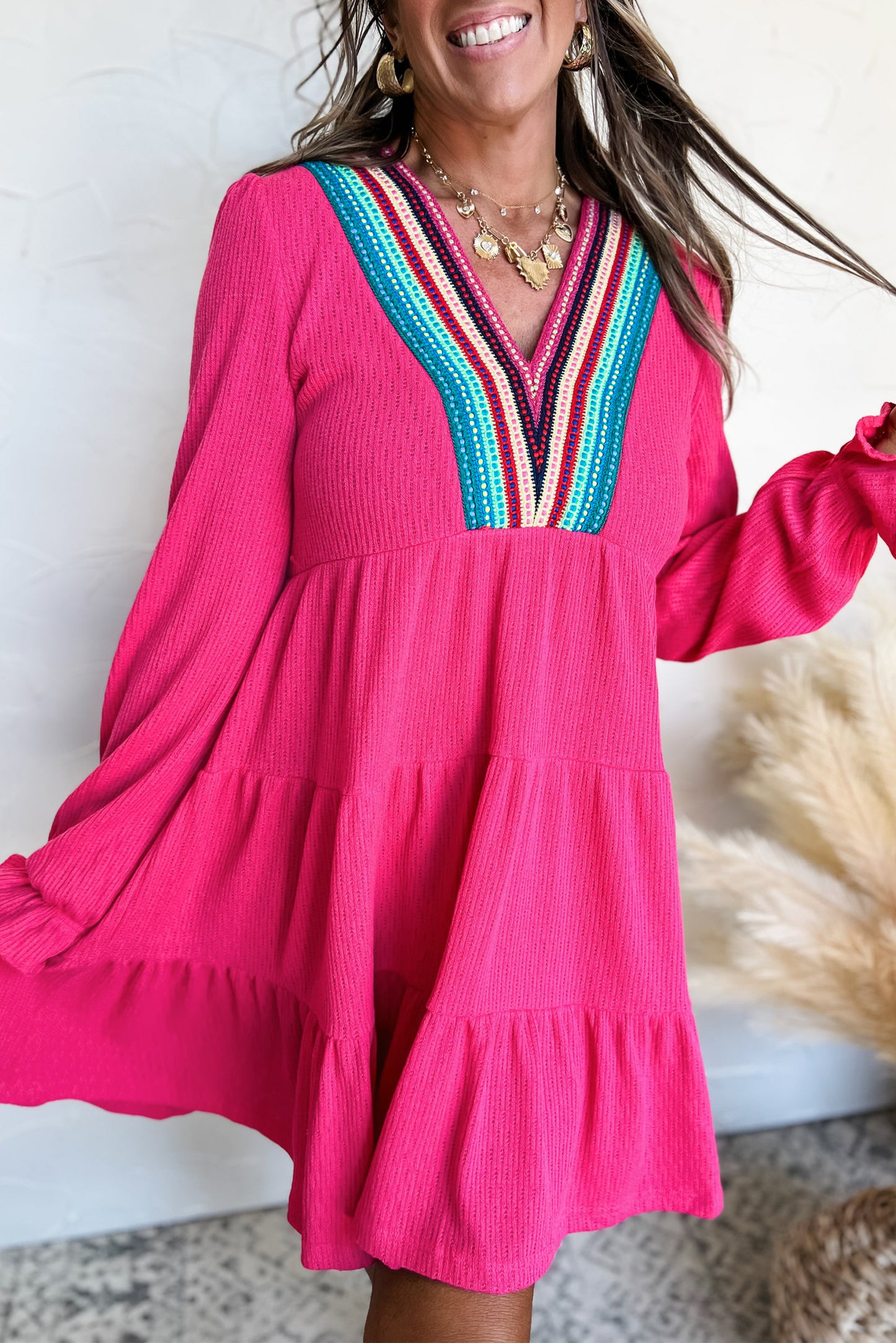 Rose Red Colorful Crochet V Neck Textured Tiered Ruffled Long Sleeve Mini Dress-Dresses/Mini Dresses-[Adult]-[Female]-Rose Red-S-2022 Online Blue Zone Planet