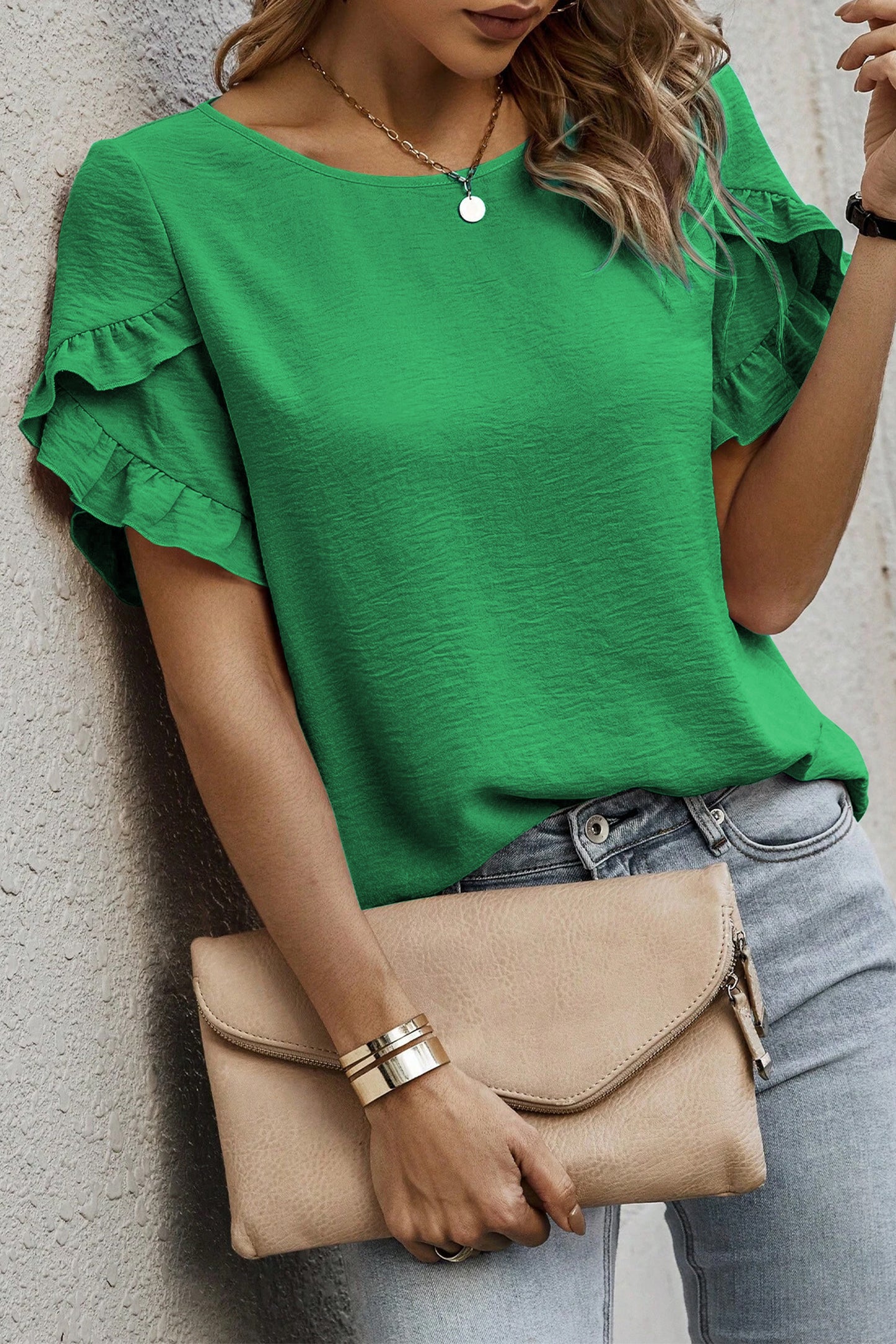 Sea Green Solid Color Ruffle Trim Short Sleeve Blouse-Tops/Blouses & Shirts-[Adult]-[Female]-2022 Online Blue Zone Planet