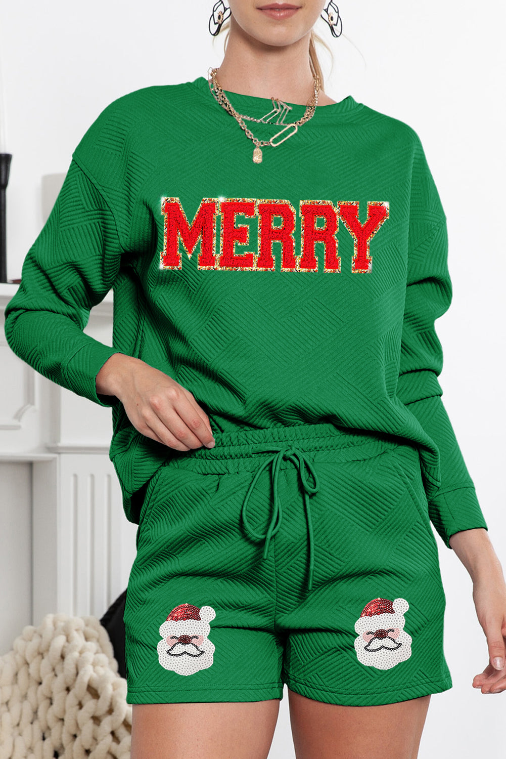 Green Chenille MERRY Letter Sequined Santa Claus Shorts Set-Graphic Apparel-[Adult]-[Female]-2022 Online Blue Zone Planet