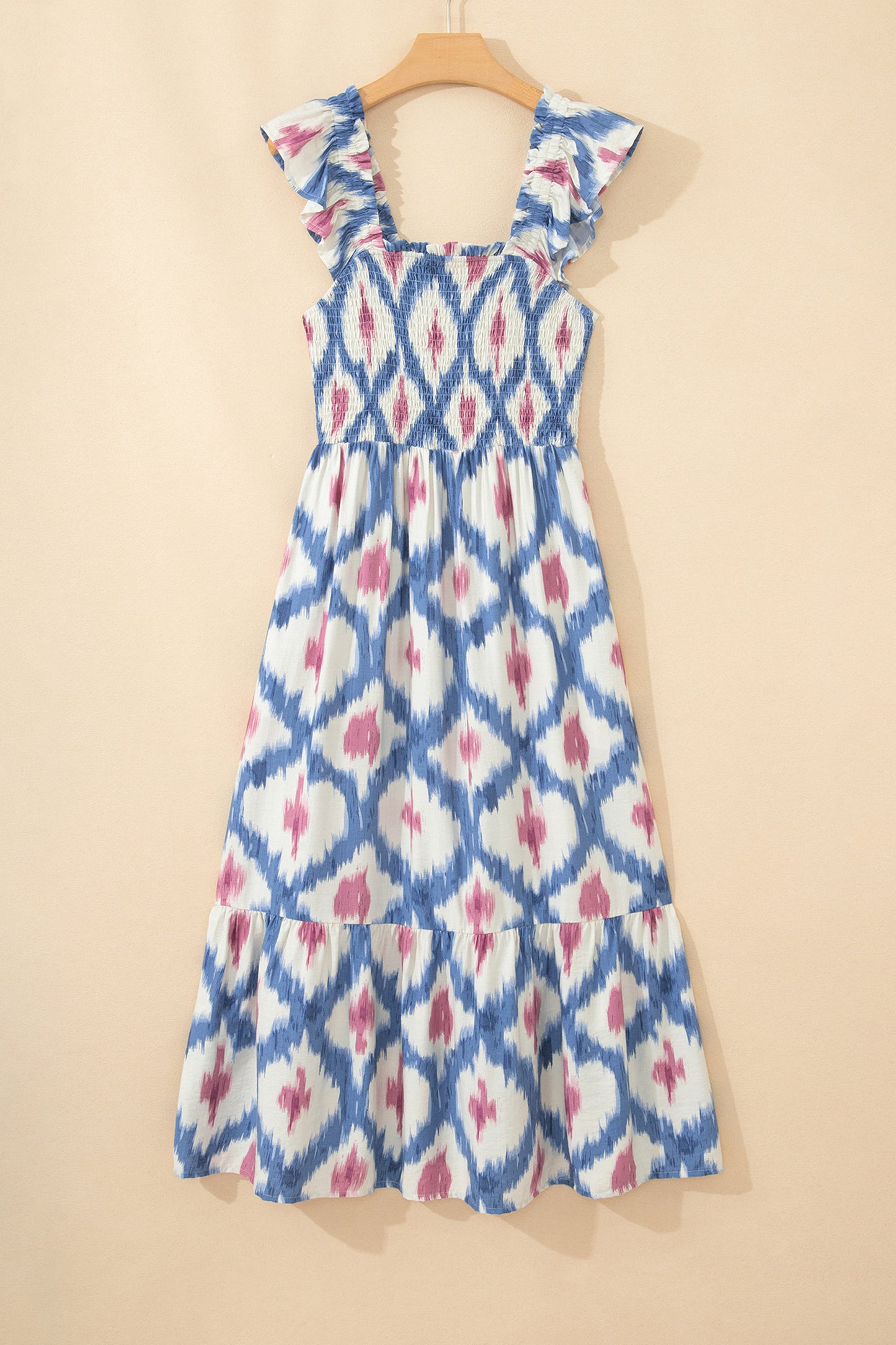 Sky Blue Ethnic Geometric Print Square Neck Smocked High Waist Ruffle Sleeve Dress-TOPS / DRESSES-[Adult]-[Female]-2022 Online Blue Zone Planet