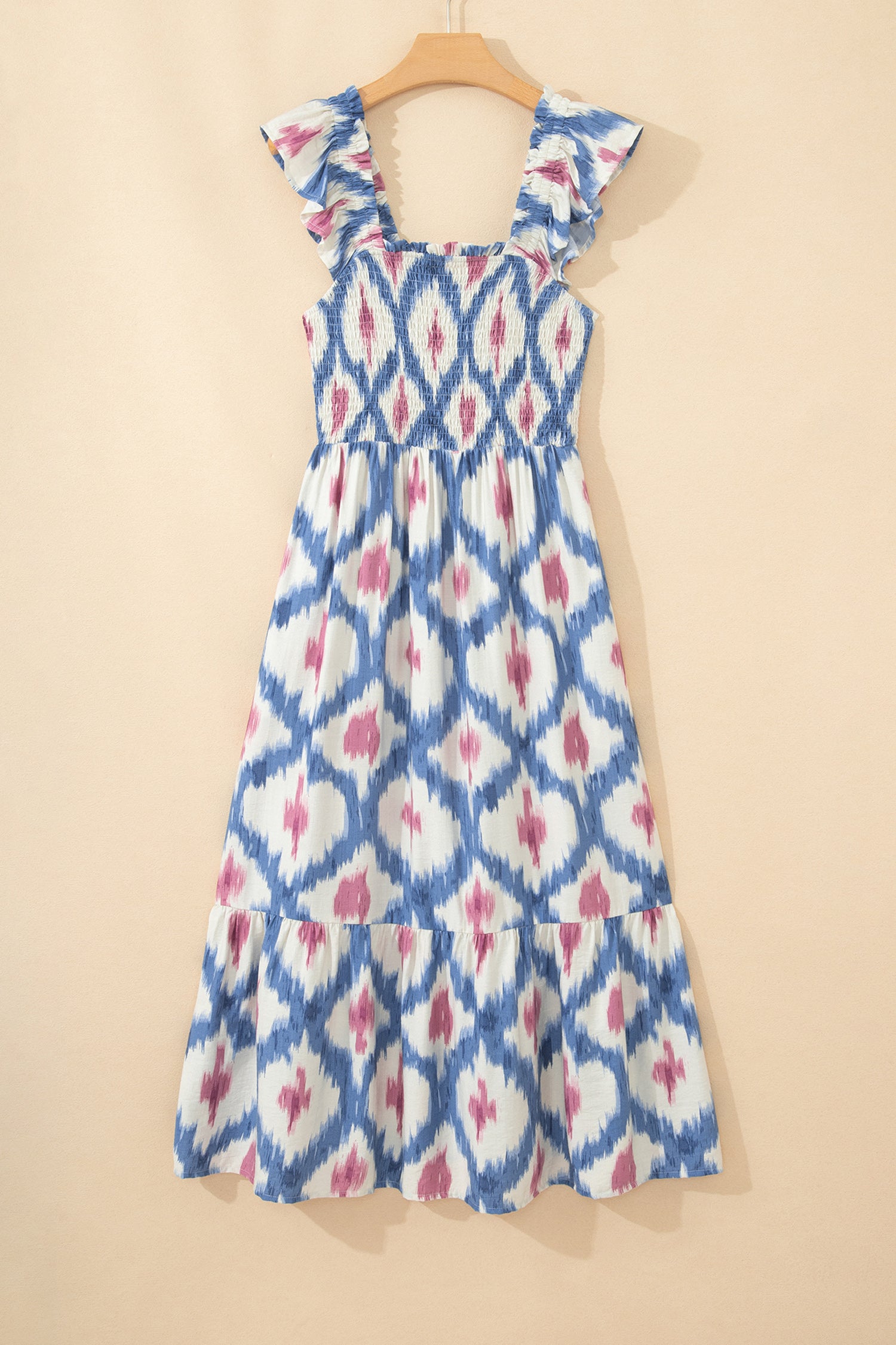 Sky Blue Ethnic Geometric Print Square Neck Smocked High Waist Ruffle Sleeve Dress-TOPS / DRESSES-[Adult]-[Female]-2022 Online Blue Zone Planet