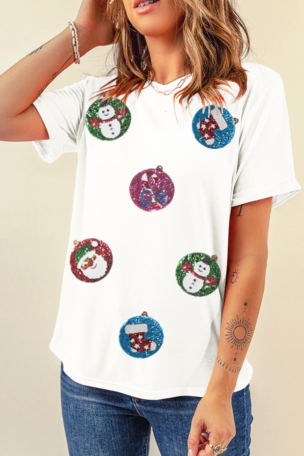 White Sequin Patterned Christmas Light Patch Round Neck Tee-Graphic Tees-[Adult]-[Female]-2022 Online Blue Zone Planet