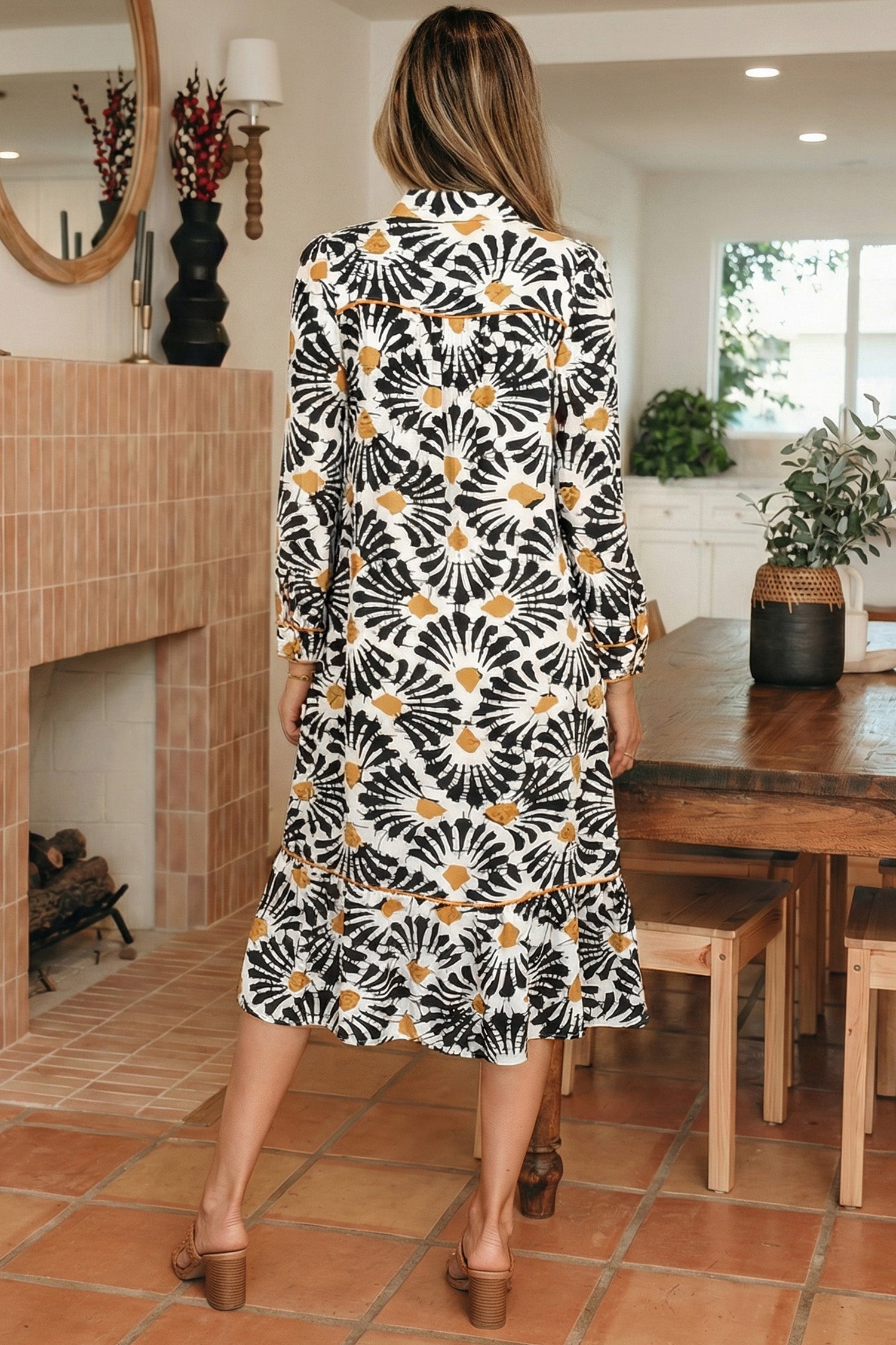 Black Abstract Floral Print Split V Neck Long Dress with Sleeves-TOPS / DRESSES-[Adult]-[Female]-2022 Online Blue Zone Planet