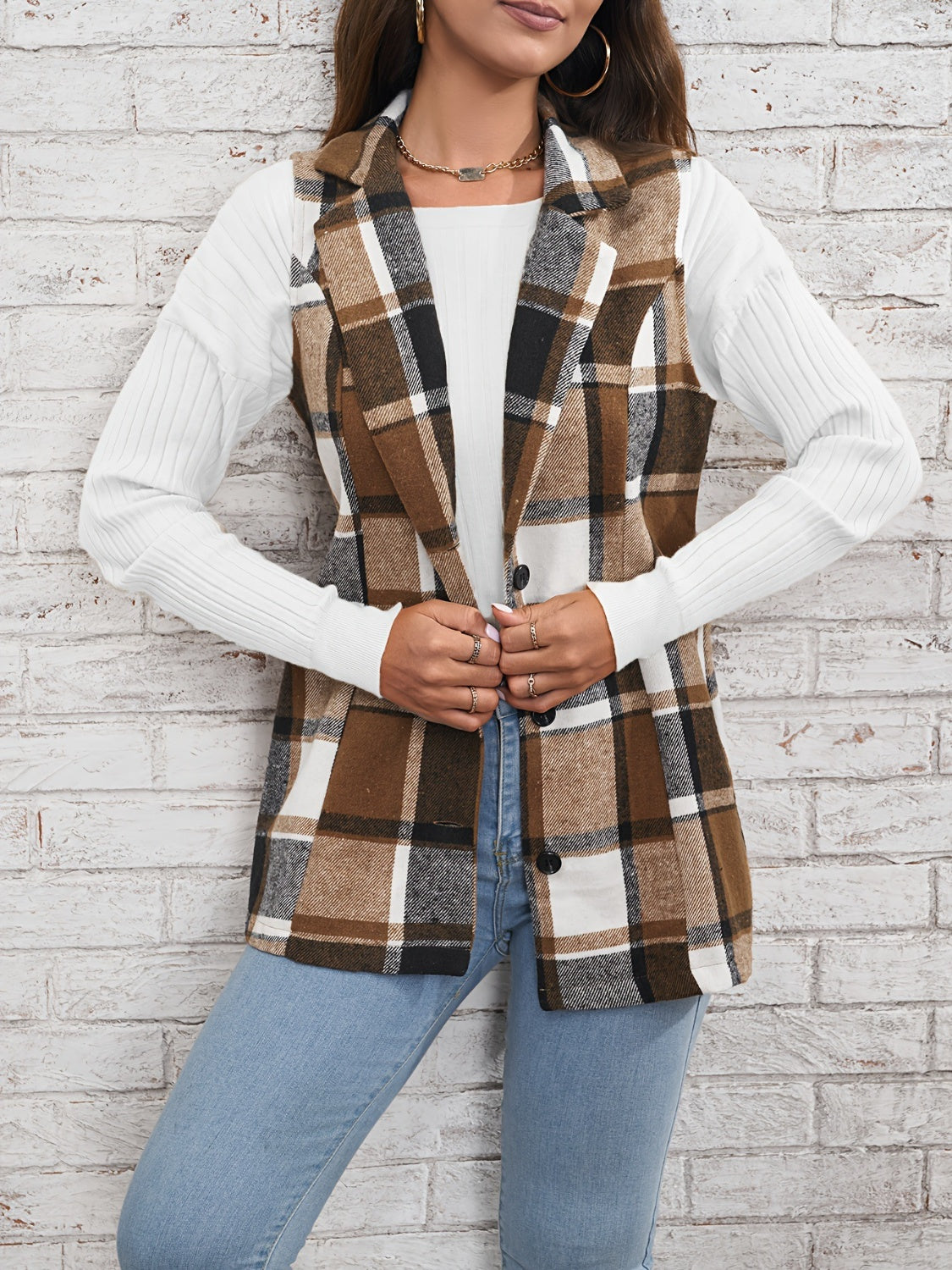 Plaid Button Down Vest Coat-TOPS / DRESSES-[Adult]-[Female]-2022 Online Blue Zone Planet