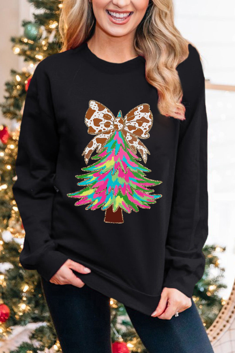 Black Bowknot Christmas Tree Shiny Graphic Sweatshirt-Graphic/Graphic Sweatshirts-[Adult]-[Female]-2022 Online Blue Zone Planet