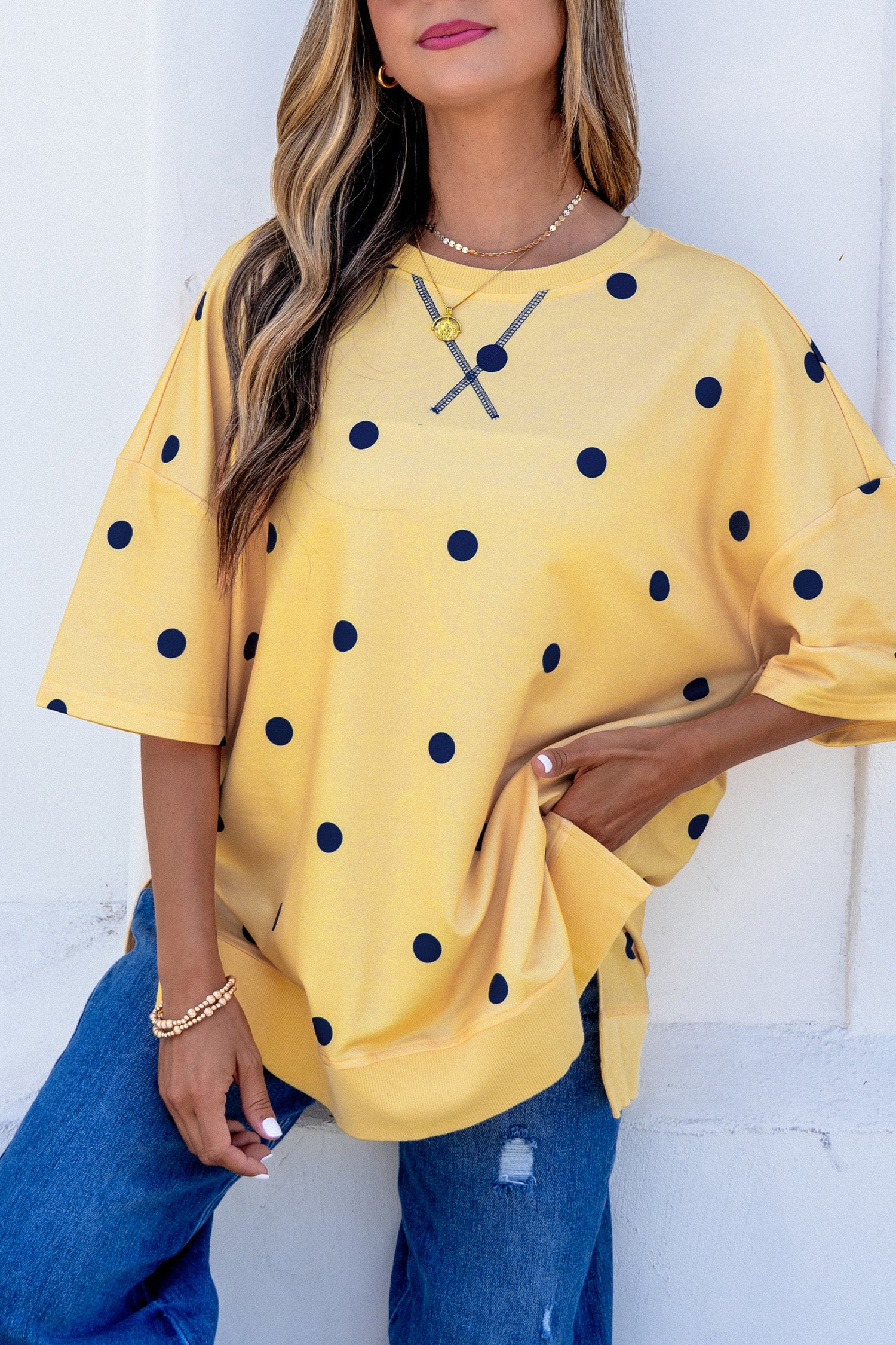 Yellow Polka Dot Print Crossed Seam Detail Oversize Tee-Tops/Tops & Tees-[Adult]-[Female]-2022 Online Blue Zone Planet