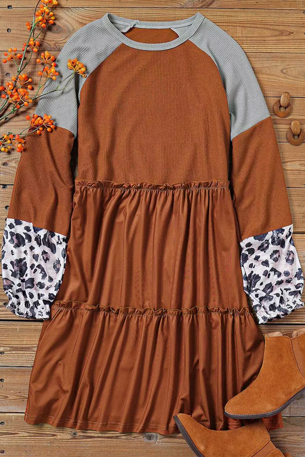 Blue Zone Planet | Brown Waffle Knit Leopard Patchwork Long Sleeve Dress-TOPS / DRESSES-[Adult]-[Female]-2022 Online Blue Zone Planet