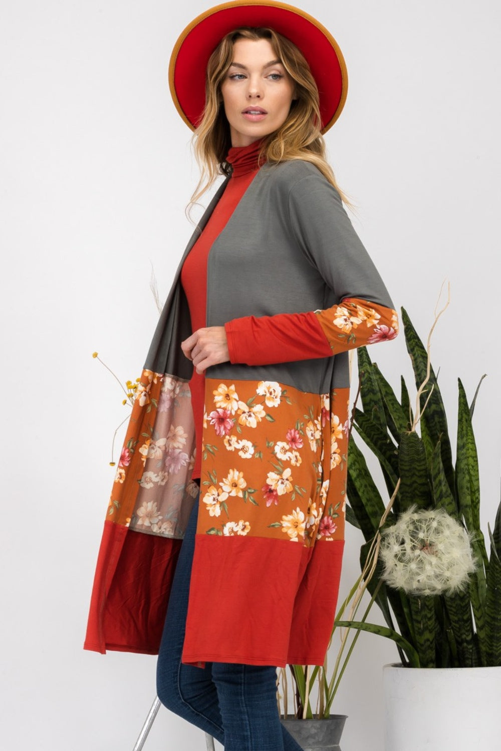 Celeste Full Size Floral Color Block Open Front Cardigan-TOPS / DRESSES-[Adult]-[Female]-2022 Online Blue Zone Planet