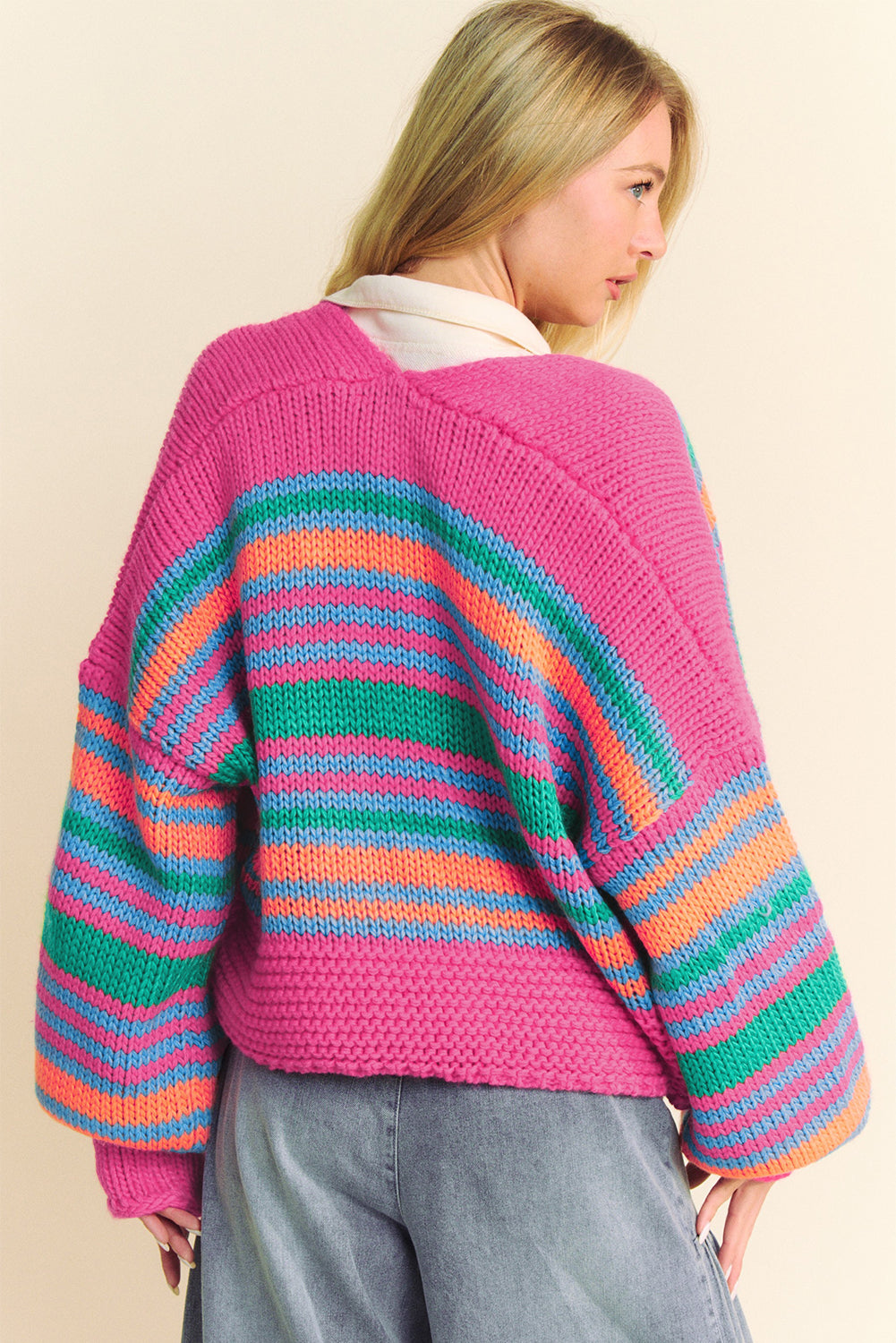 Rose Stripe Colorful Puff Sleeve Drop Shoulder Loose Cardigan-Sweaters & Cardigans/Cardigans-[Adult]-[Female]-2022 Online Blue Zone Planet