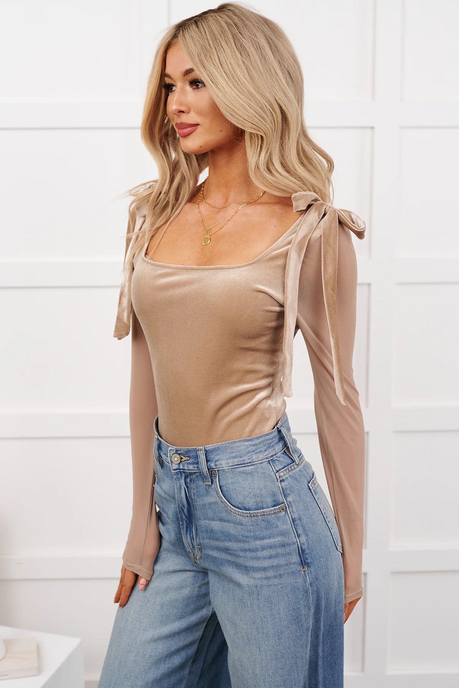 Light French Beige Solid Color Velvet Knot Square Neck Sheer Long Sleeve Bodysuit-Tops/Bodysuits-[Adult]-[Female]-2022 Online Blue Zone Planet