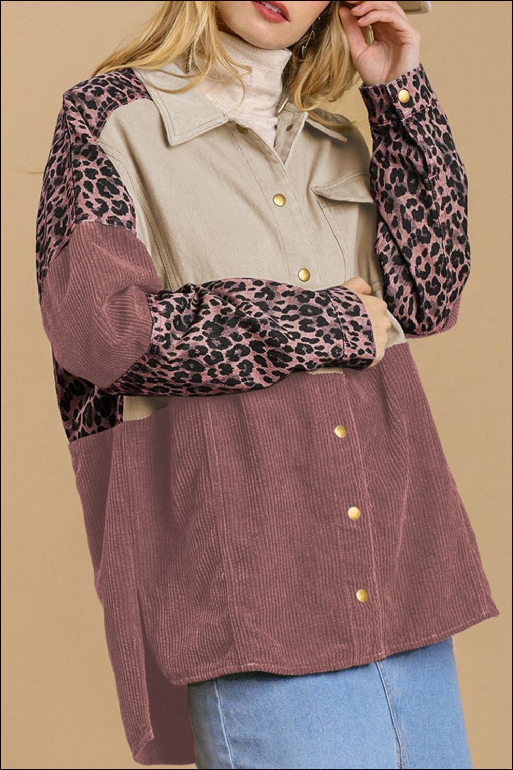 High-Low Leopard Snap Down Shacket-TOPS / DRESSES-[Adult]-[Female]-Dusty Pink-S-2022 Online Blue Zone Planet