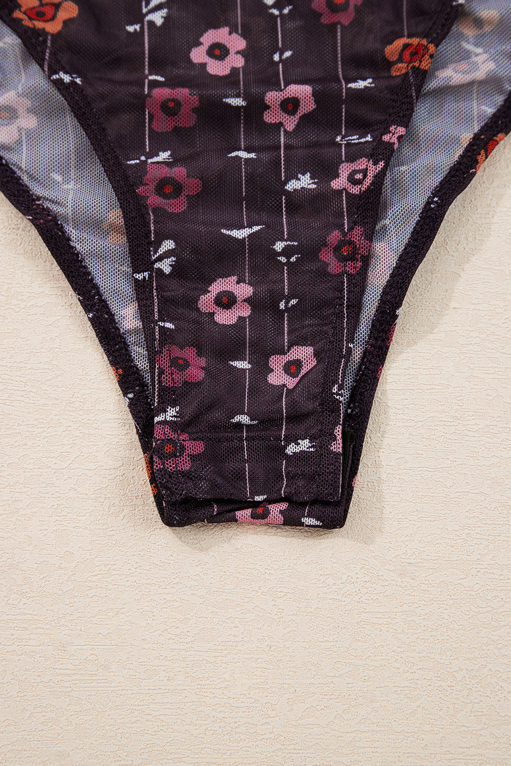 Black Floral Print Smocked Cuff Slim Fit Mesh Bodysuit-Bottoms/Jumpsuits & Rompers-[Adult]-[Female]-2022 Online Blue Zone Planet