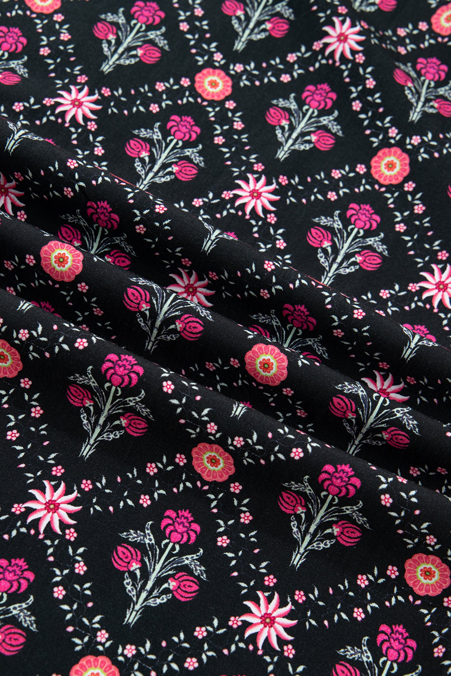 Black Contrast V Neckline Bracelet Sleeve Vintage Floral Blouse-Bracelet-[Adult]-[Female]-2022 Online Blue Zone Planet