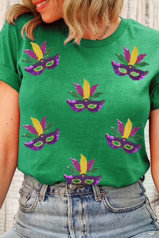 Bright Green Sequin Mardi Gras Mask Patched Pattern Crewneck Tee-Graphic/Graphic Tees-[Adult]-[Female]-Bright Green-S-2022 Online Blue Zone Planet