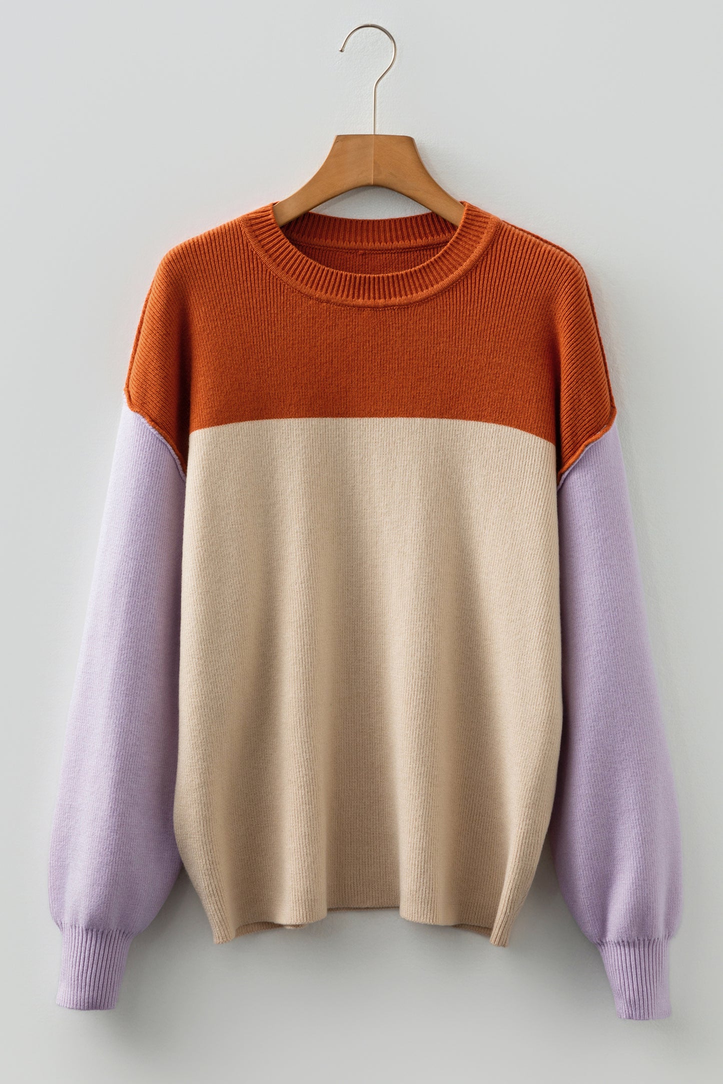 Khaki Color Block Plain Ribbed Knit Baggy Sweater-TOPS / DRESSES-[Adult]-[Female]-2022 Online Blue Zone Planet