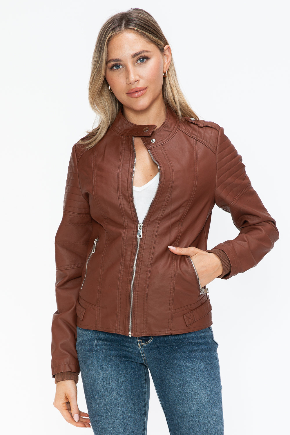 Blue Zone Planet | Snobbish PU Leather Biker Jacket with Side Zip Pockets-TOPS / DRESSES-[Adult]-[Female]-2022 Online Blue Zone Planet