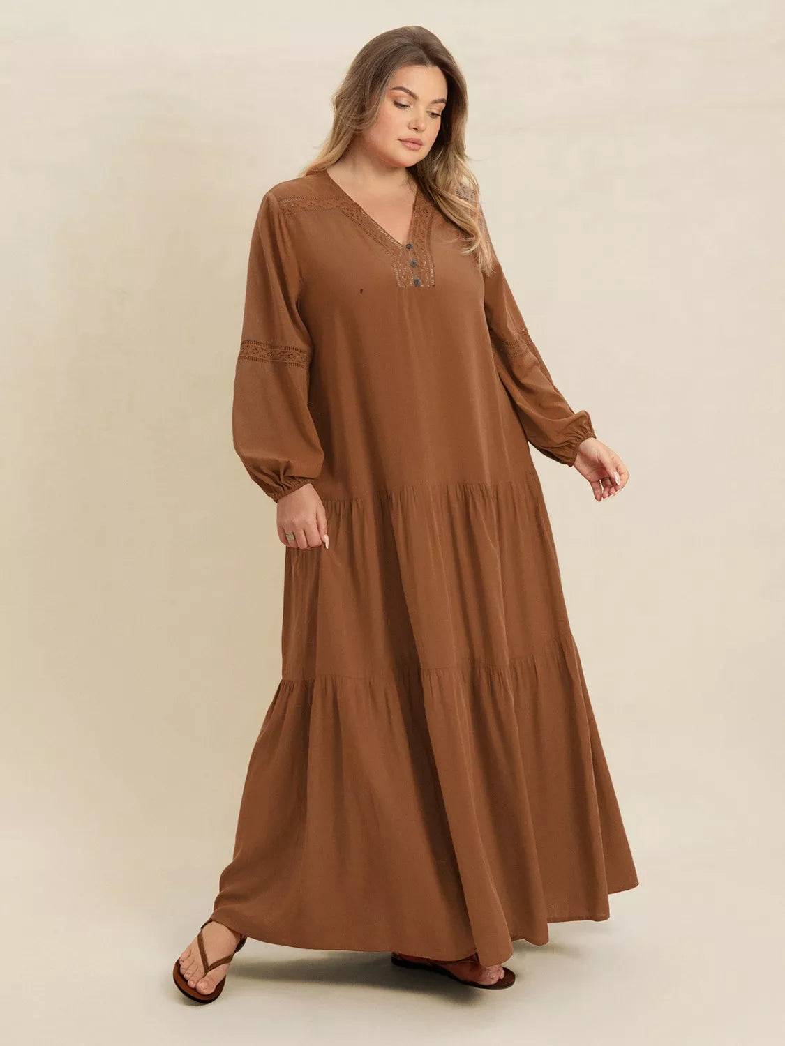 balloon long sleeve tiered dress Plus Size Bohemian Tiered Maxi Dress with Balloon Sleeves