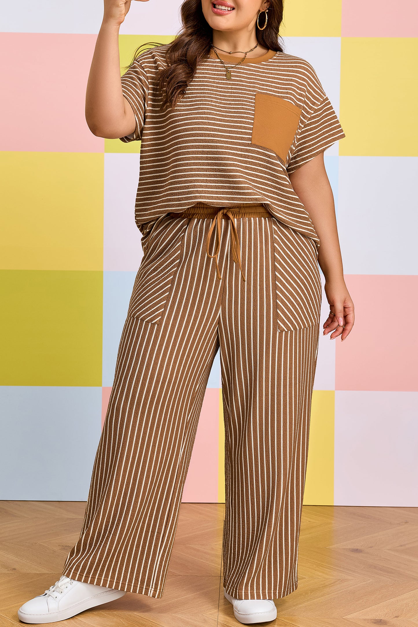 Khaki Stripe Plus Size Striped Colorblock Pocket Lounge Set-Plus Size/Plus Size Loungewear-[Adult]-[Female]-2022 Online Blue Zone Planet