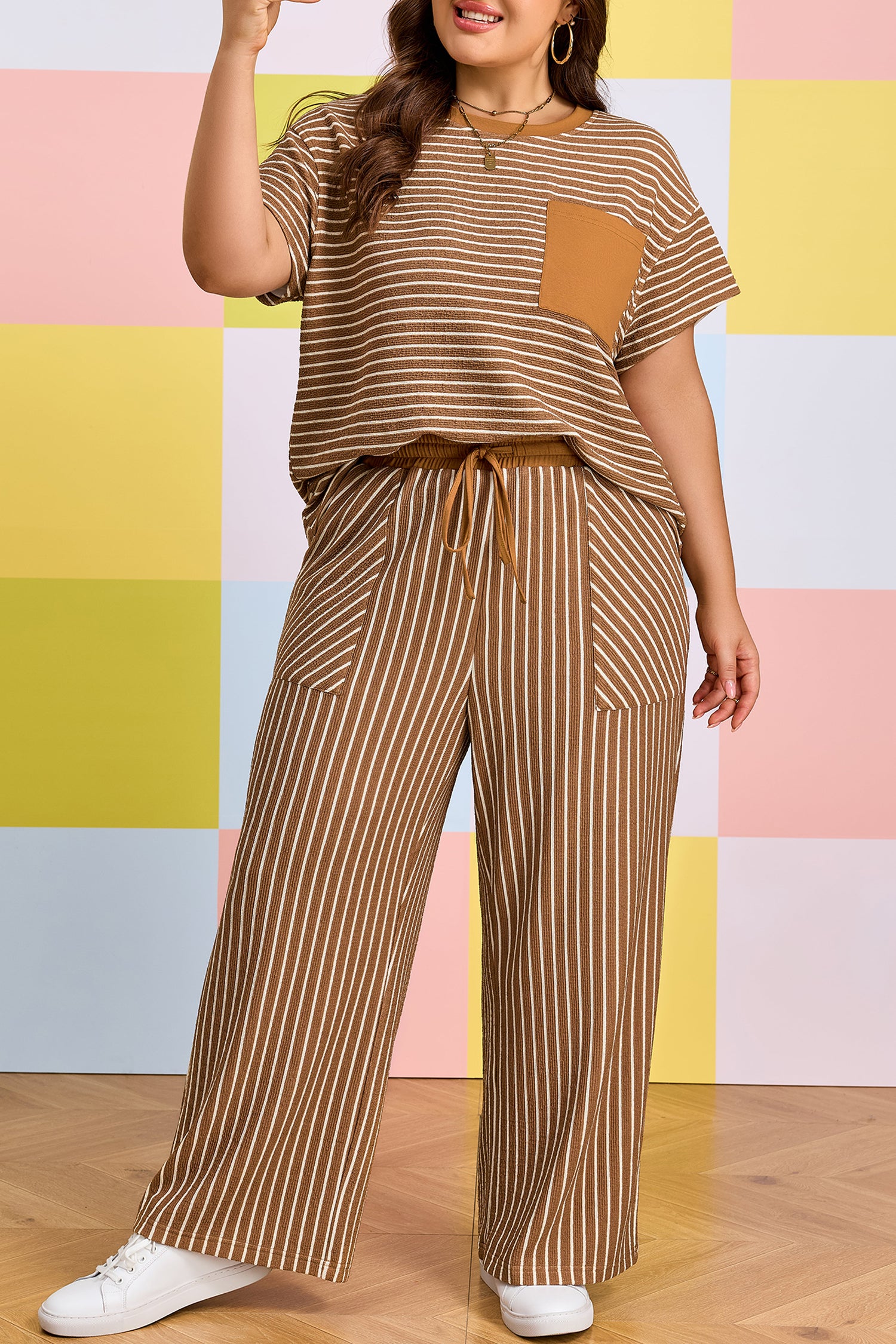 Khaki Stripe Plus Size Striped Colorblock Pocket Lounge Set-Plus Size/Plus Size Loungewear-[Adult]-[Female]-2022 Online Blue Zone Planet