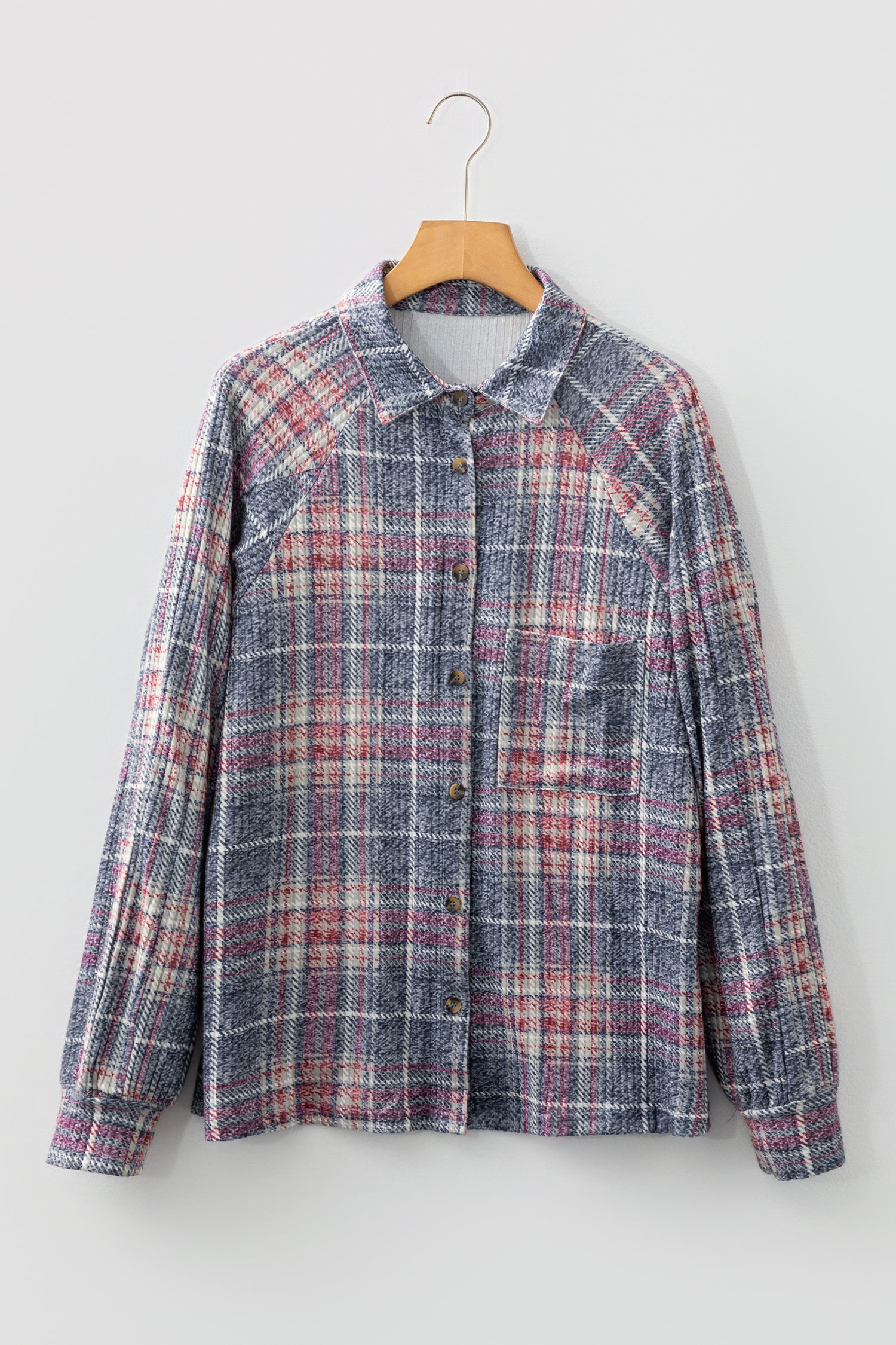 Multicolour Plaid Textured Chest Pocket Vintage Shirt-Tops/Blouses & Shirts-[Adult]-[Female]-2022 Online Blue Zone Planet
