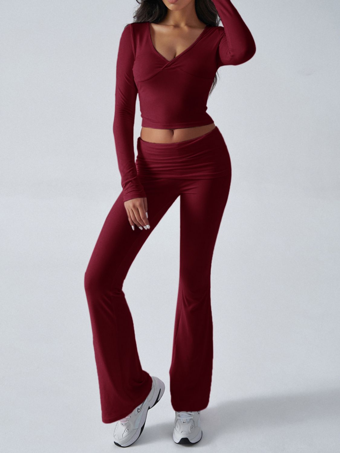 Devine Ruched Long Sleeve Top and Pants Set-TOPS / DRESSES-[Adult]-[Female]-Burgundy-S-2022 Online Blue Zone Planet