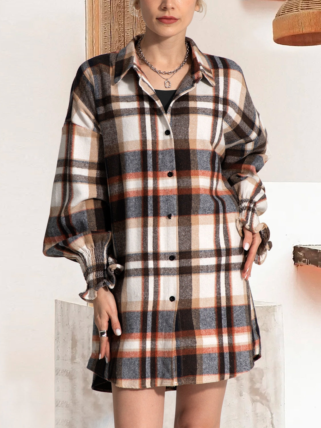 Blue Zone Planet | Button Up Plaid Long Sleeve Shirt Dress-TOPS / DRESSES-[Adult]-[Female]-Coffee Brown-S-2022 Online Blue Zone Planet