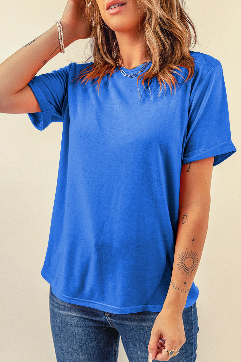 Tillandsia Purple Casual Plain Crew Neck Tee-Tops/Tops & Tees-[Adult]-[Female]-Dark Blue-S-2022 Online Blue Zone Planet