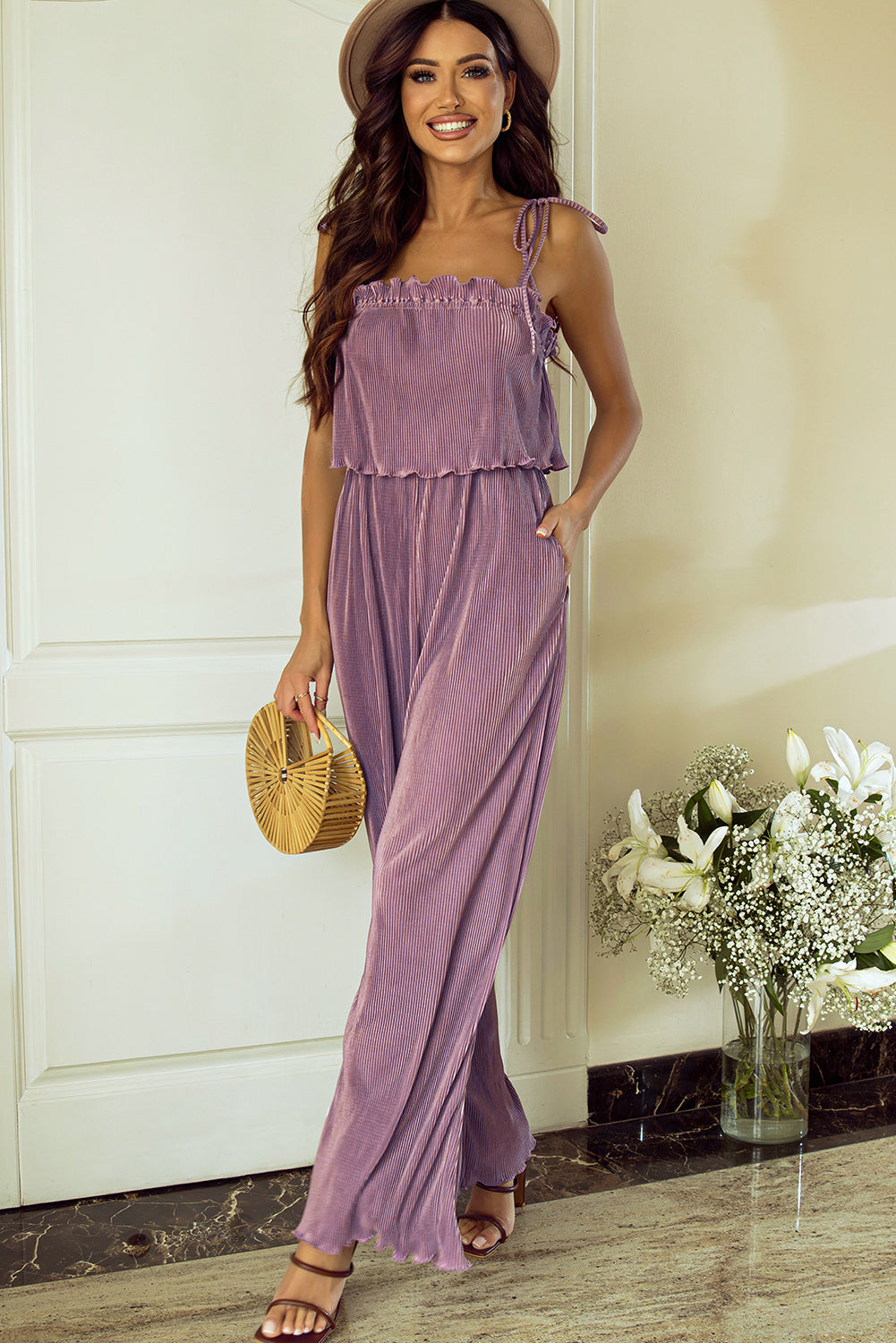 Rose Tan Solid Self Tied Straps Pleated Wide Leg Jumpsuit Blue Zone Planet