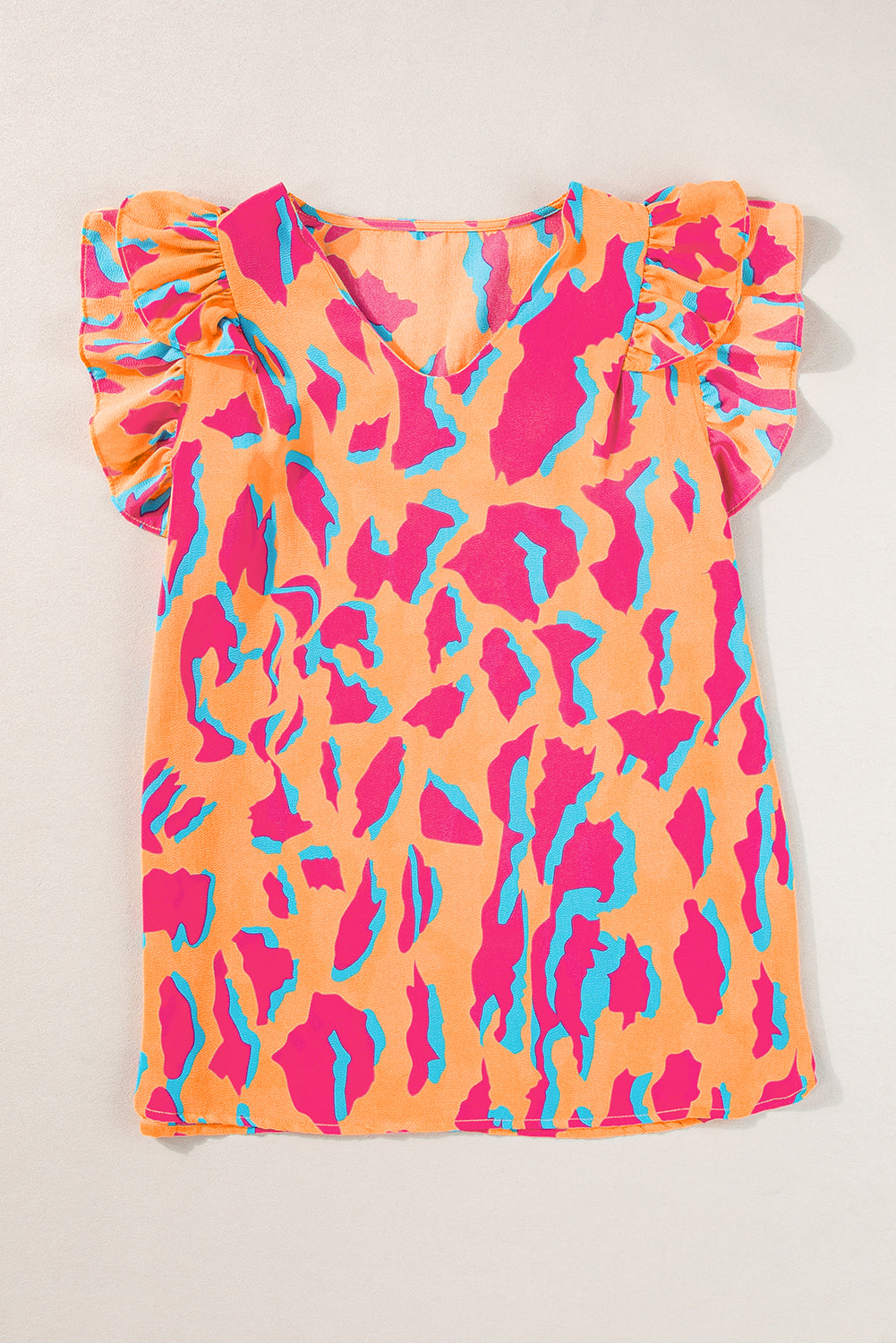 Orange Abstract Print V Neck Ruffled Sleeve Blouse-Tops/Blouses & Shirts-[Adult]-[Female]-2022 Online Blue Zone Planet