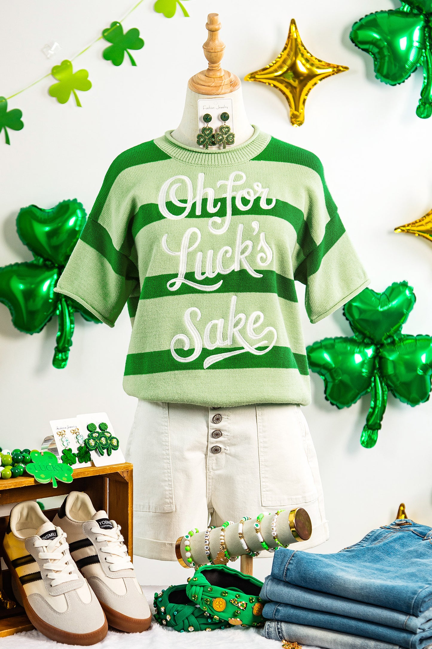 Green Stripe Oh for Lucks Sake St Patricks Day Short Sleeve Sweater-TOPS / DRESSES-[Adult]-[Female]-2022 Online Blue Zone Planet
