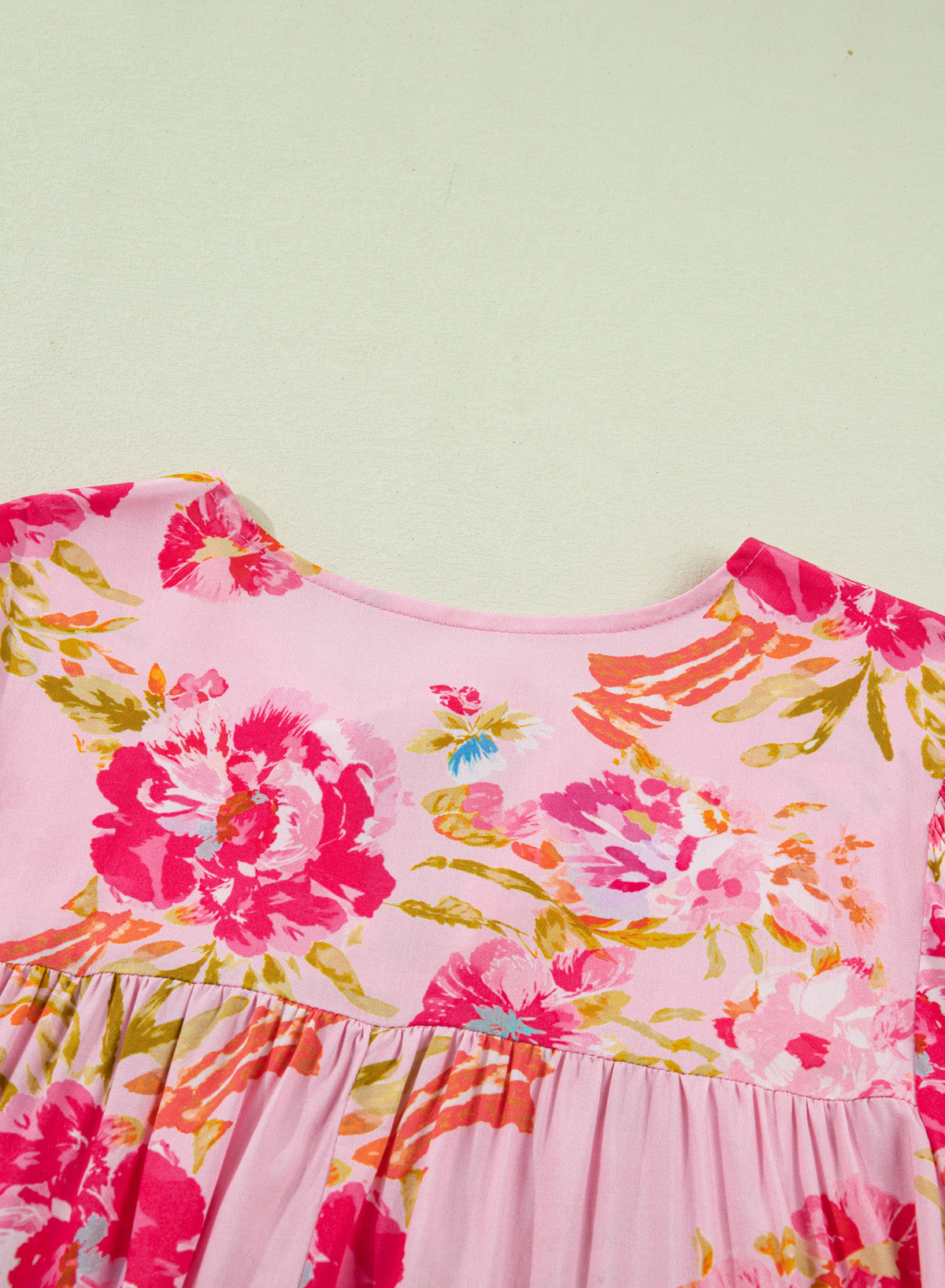 Pink Plus Size Floral Print V Neck Tie Front Short Sleeve Tunic Top-Plus Size/Plus Size Tops/Plus Size Blouses & Shirts-[Adult]-[Female]-2022 Online Blue Zone Planet