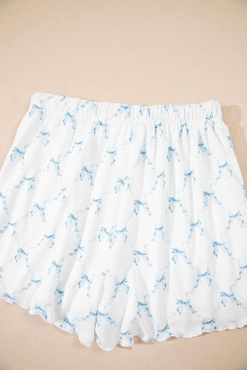 Sky Blue Bow Knot Geometric Print Lettuce Trim Two Piece Lounge Set-Loungewear & Sleepwear/Loungewear-[Adult]-[Female]-2022 Online Blue Zone Planet