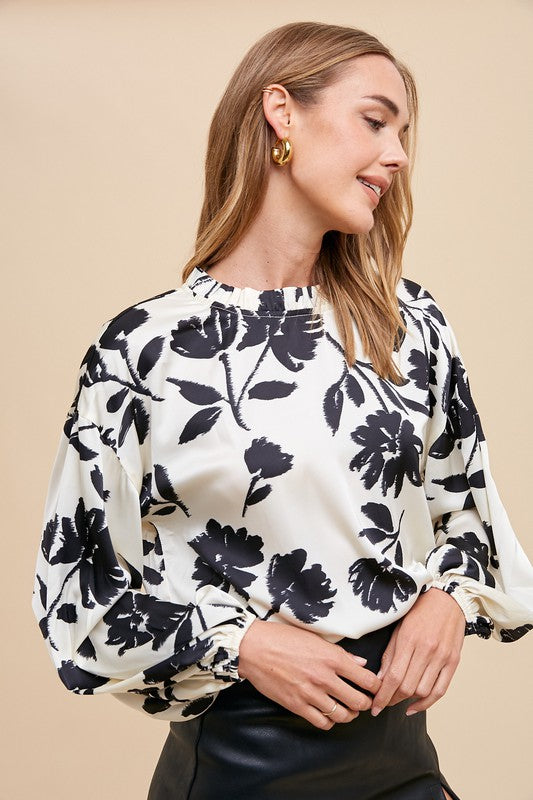 Annie Wear Frill Printed Balloon Sleeve Blouse-TOPS / DRESSES-[Adult]-[Female]-2022 Online Blue Zone Planet