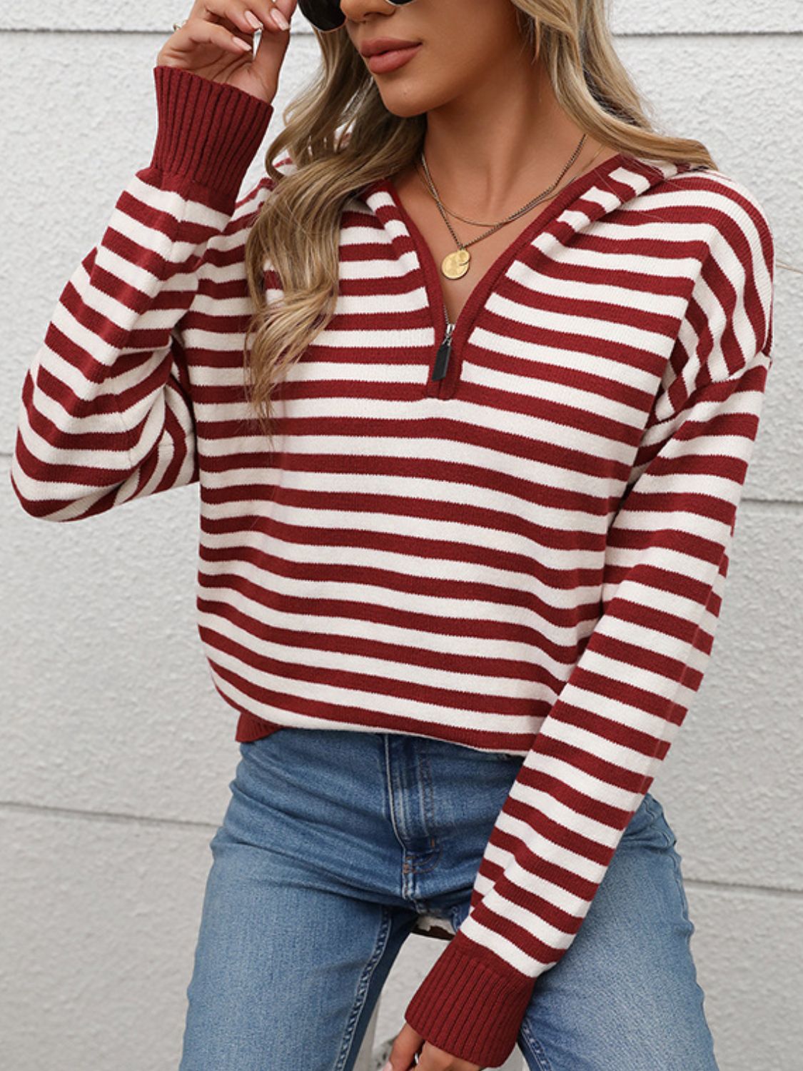 Perfee Striped Long Sleeve Hooded Sweater-TOPS / DRESSES-[Adult]-[Female]-Burgundy-S-2022 Online Blue Zone Planet