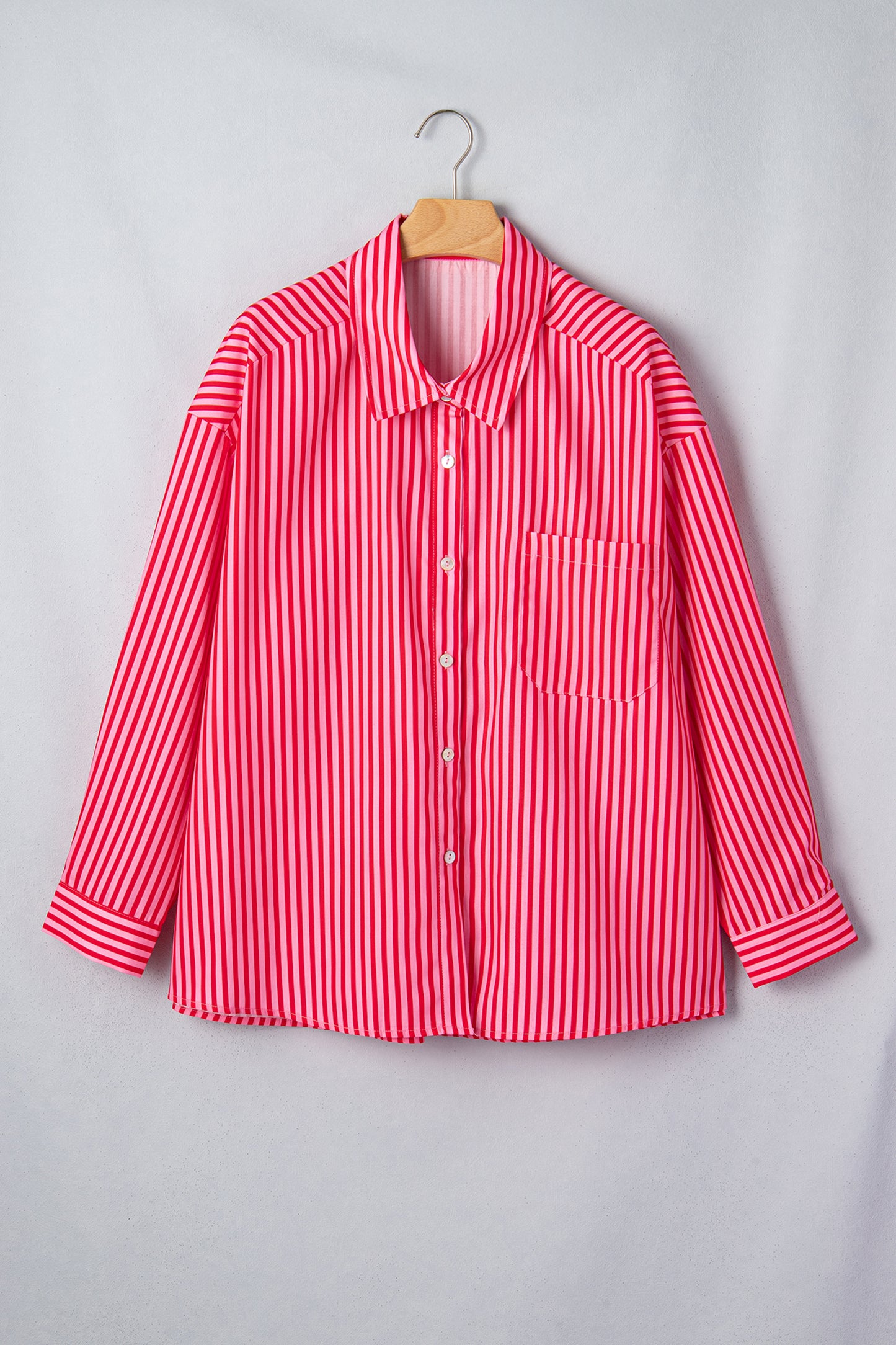 Red Stripe Button-Up Shirt Long Sleeve Patch Pocket Casual Shirt-Tops/Blouses & Shirts-[Adult]-[Female]-2022 Online Blue Zone Planet