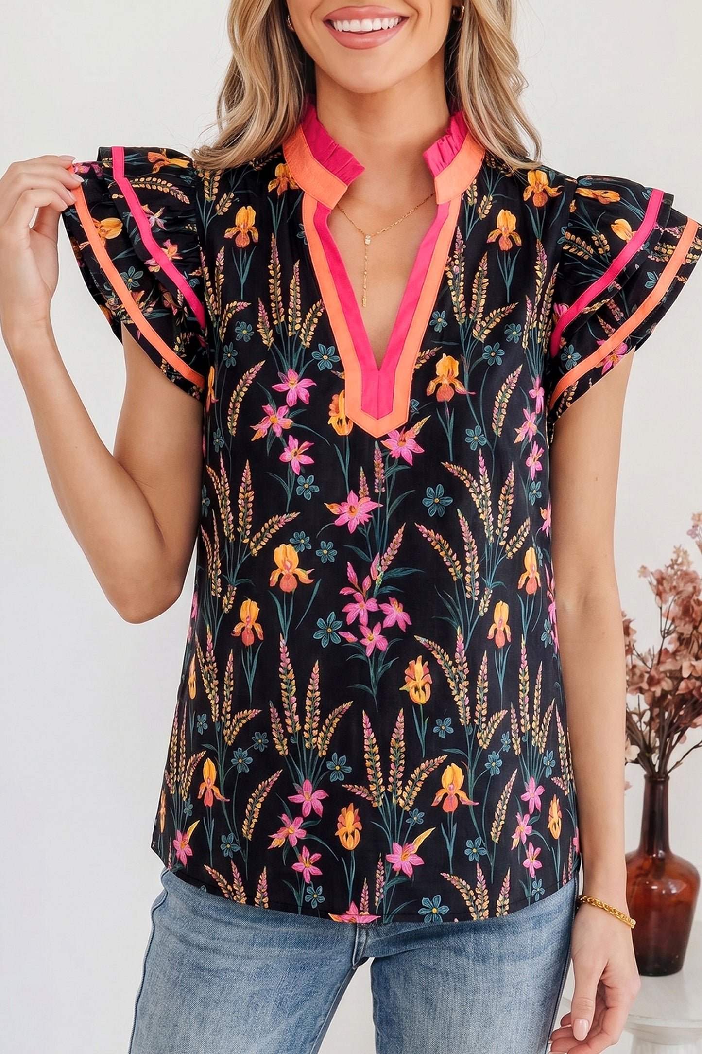 Black Floral Print Contrast Trim Tiered Ruffled Short Sleeve Blouse-Tops/Blouses & Shirts-[Adult]-[Female]-2022 Online Blue Zone Planet