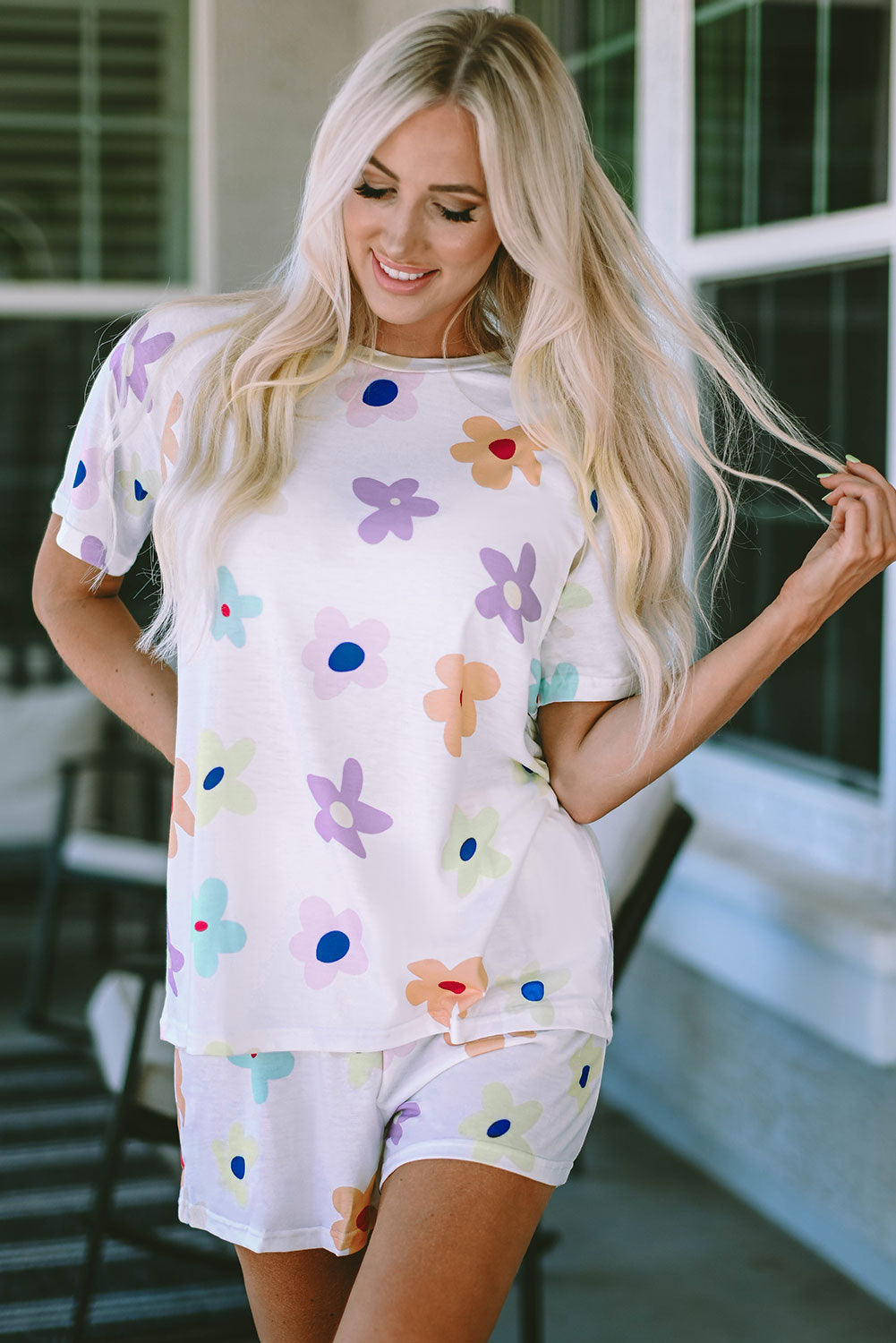 Pink Flower Print Short Sleeve High Waist Two Piece Shorts Set-Two Piece Sets/Short Sets-[Adult]-[Female]-White-S-2022 Online Blue Zone Planet