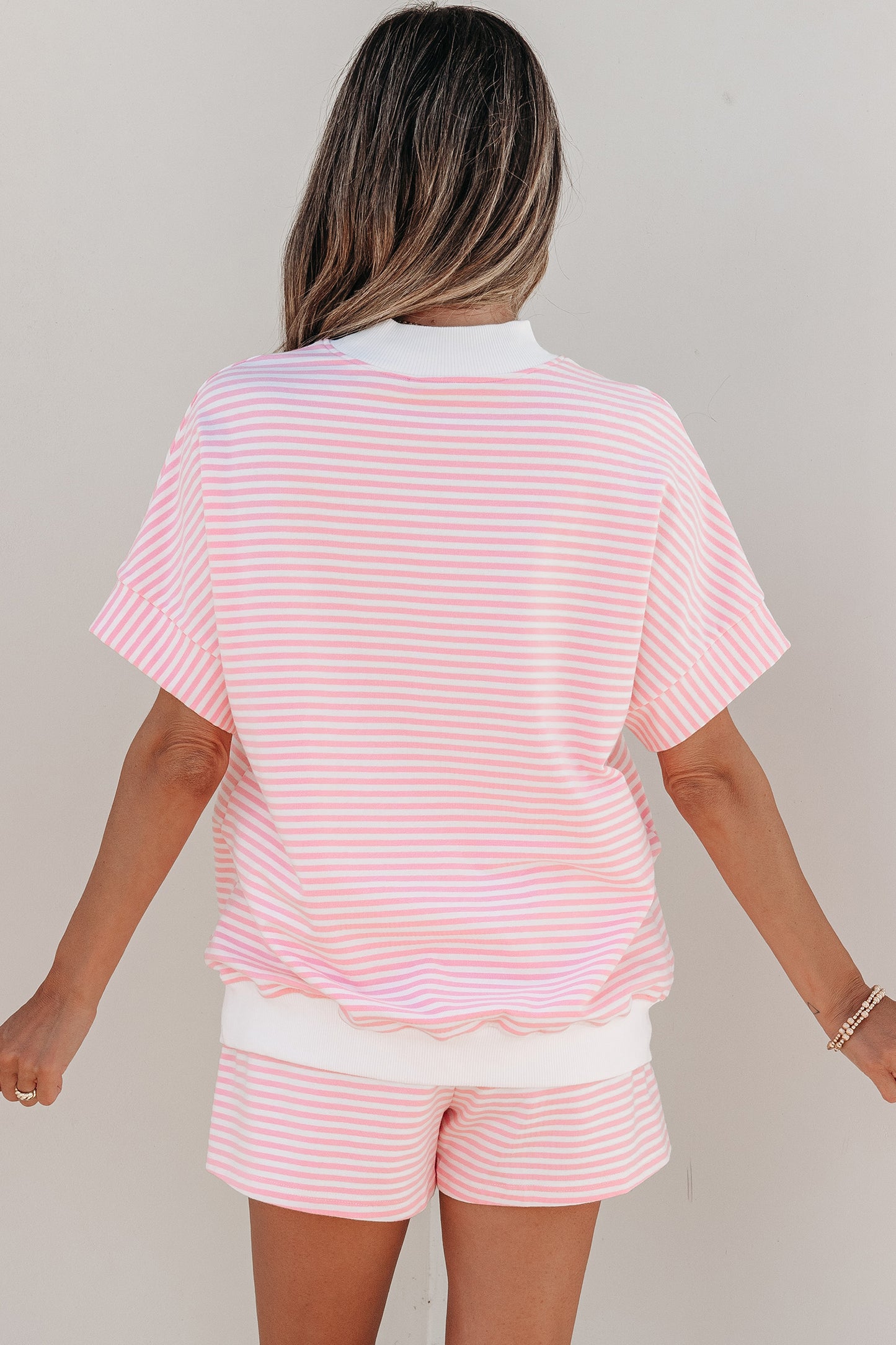 Pink Stripe Cuffed Sleeve Contrast Mock Neck Tee Casual 2pcs Short Set-Two Piece Sets/Short Sets-[Adult]-[Female]-2022 Online Blue Zone Planet