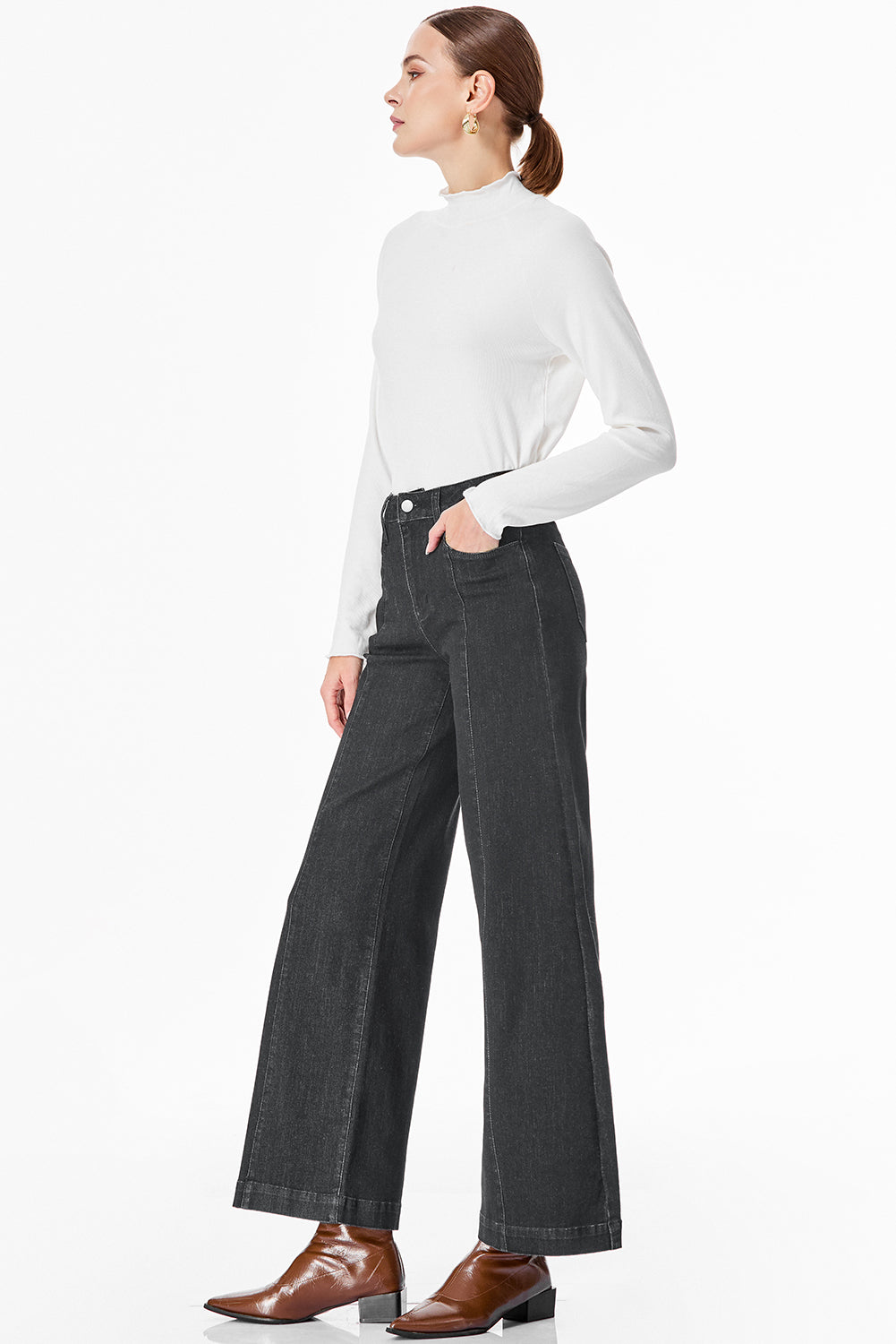 Black Plain Seam Detail Flared Bottom Ankle Length Jeans-Bottoms/Jeans-[Adult]-[Female]-2022 Online Blue Zone Planet