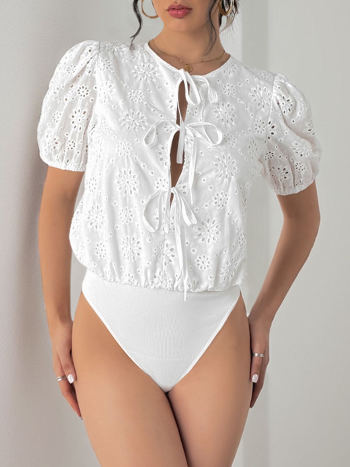 Perfee Tied Eyelet Short Sleeve Bodysuit-TOPS / DRESSES-[Adult]-[Female]-2022 Online Blue Zone Planet