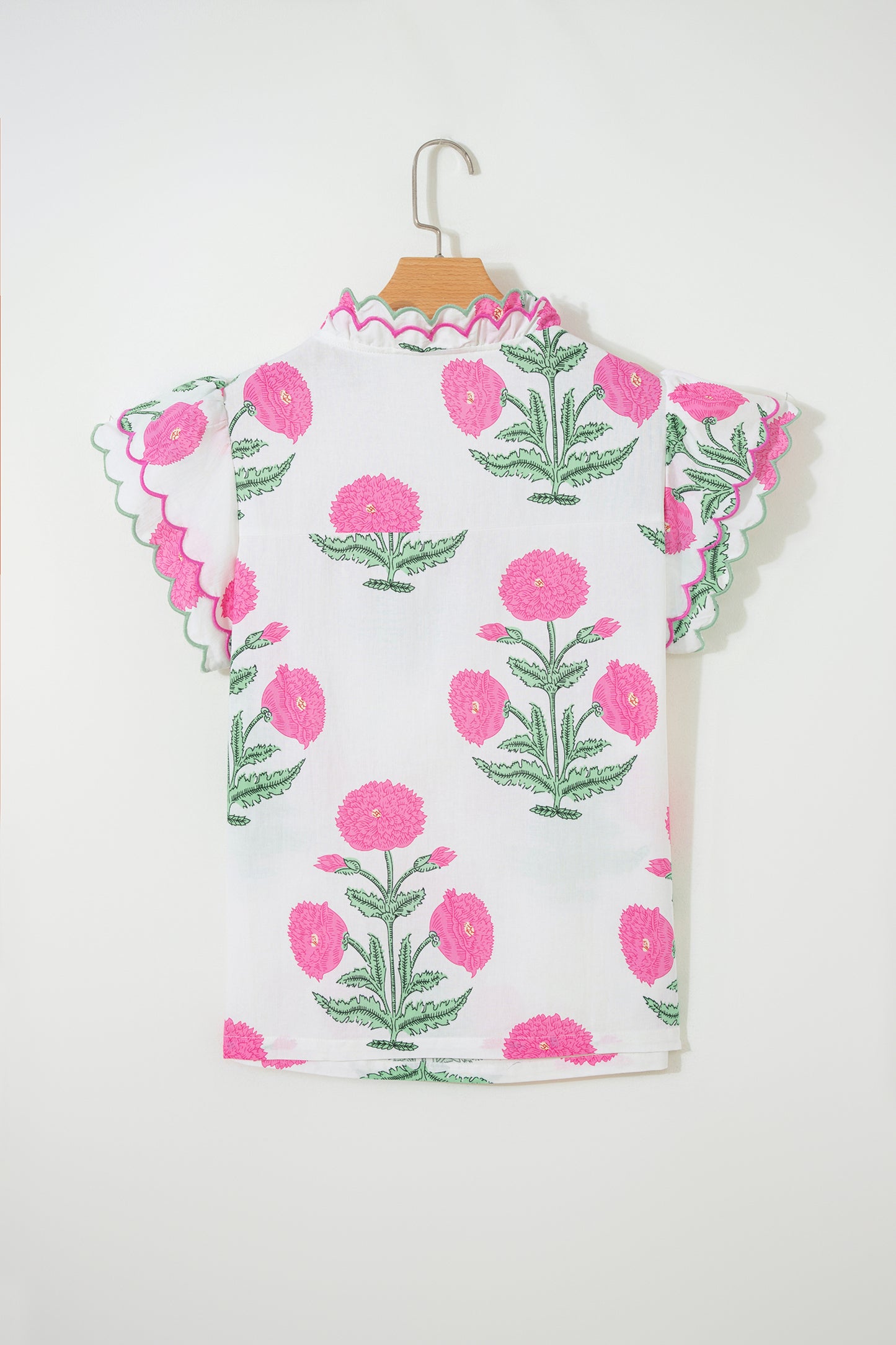 Pink Wild Flower Print Contrast Trim Scallop Detail Short Sleeve Blouse-Tops/Blouses & Shirts-[Adult]-[Female]-2022 Online Blue Zone Planet