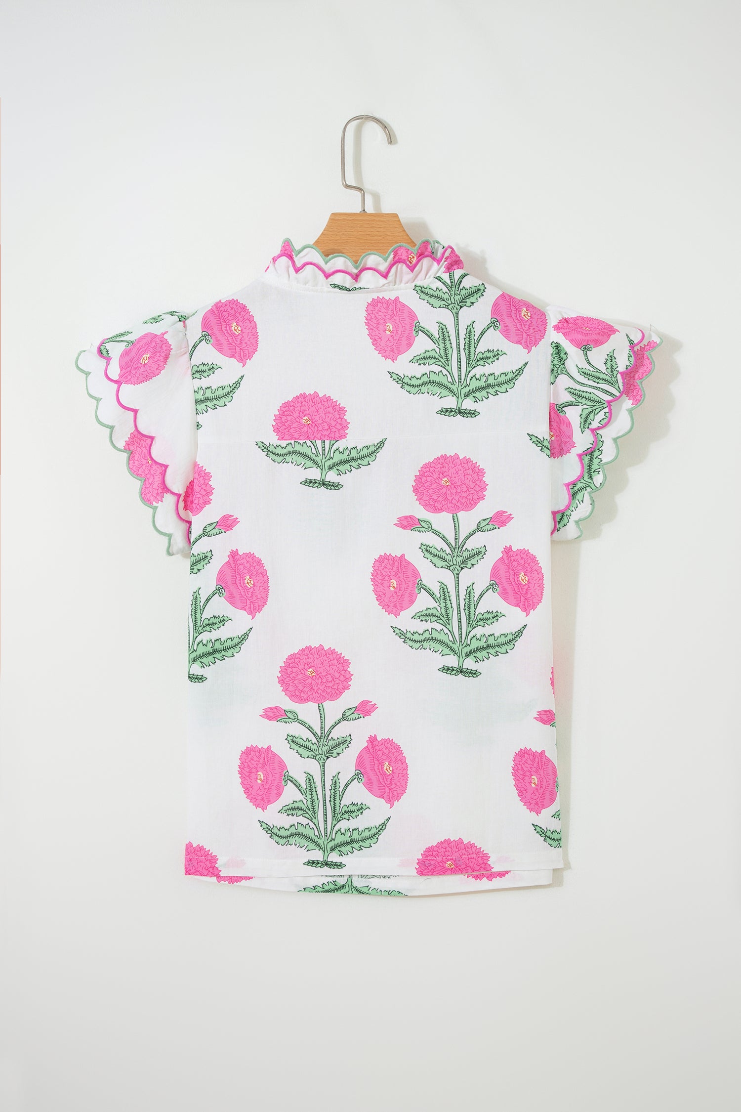 Pink Wild Flower Print Contrast Trim Scallop Detail Short Sleeve Blouse-Tops/Blouses & Shirts-[Adult]-[Female]-2022 Online Blue Zone Planet