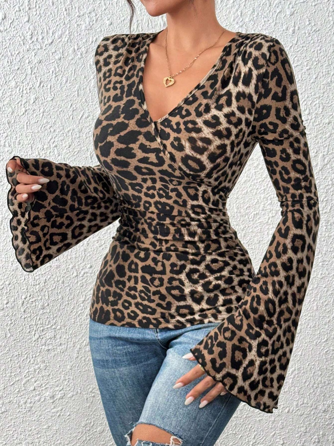 Leopard Surplice Flare Sleeve Top-TOPS / DRESSES-[Adult]-[Female]-2022 Online Blue Zone Planet