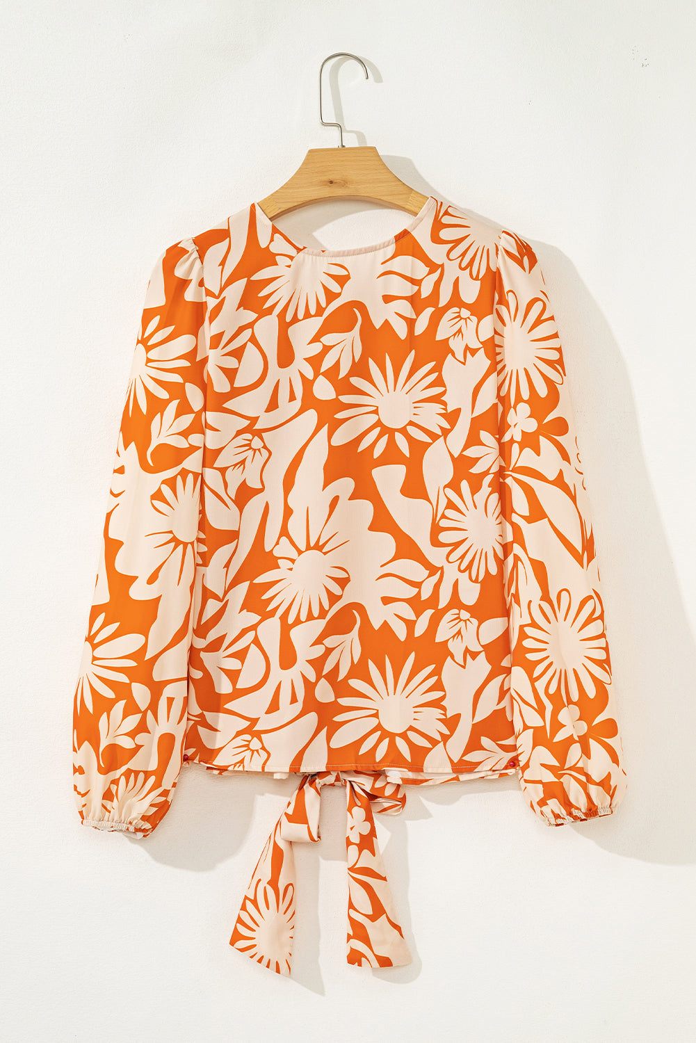 Orange Floral Print Knotted Open Back Long Sleeve Blouse-Tops/Blouses & Shirts-[Adult]-[Female]-2022 Online Blue Zone Planet